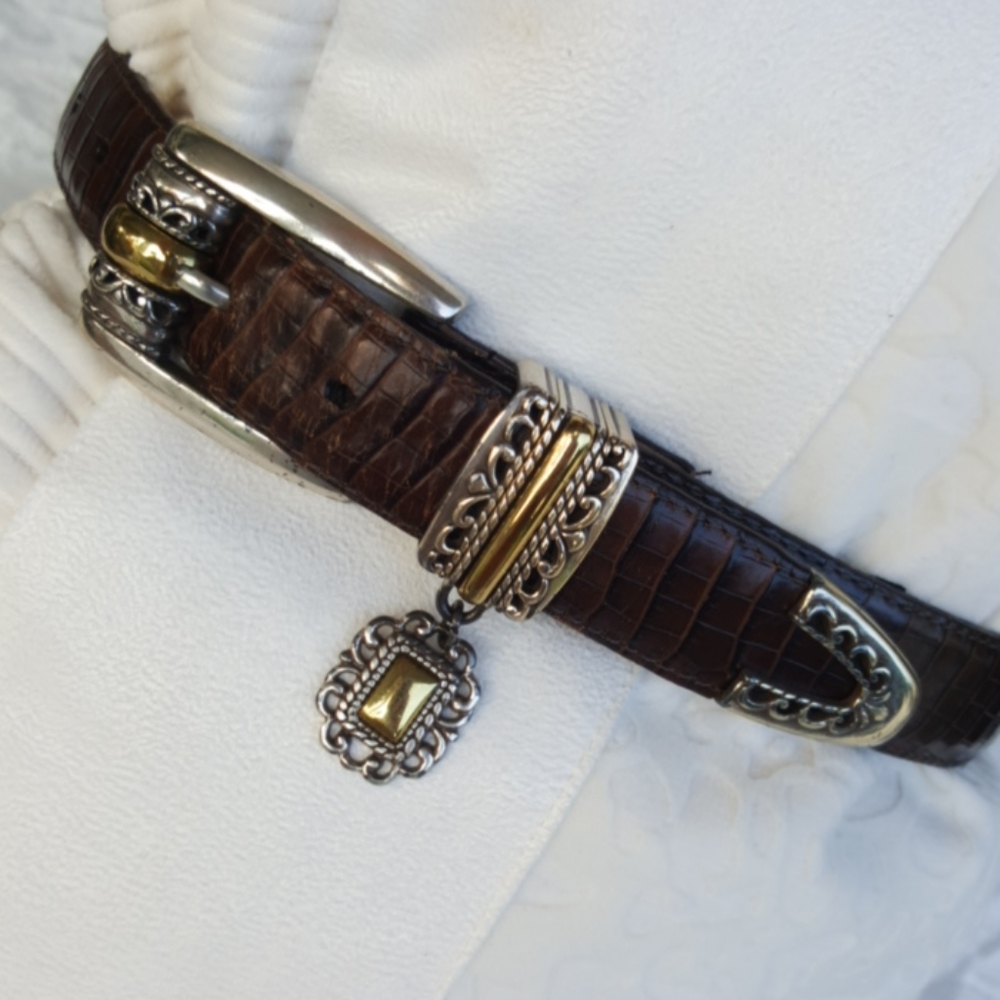 BRIGHTON ♡ Gorgeous Vintage Gold 'n Silver Design w/Charm Brown Leather Belt S